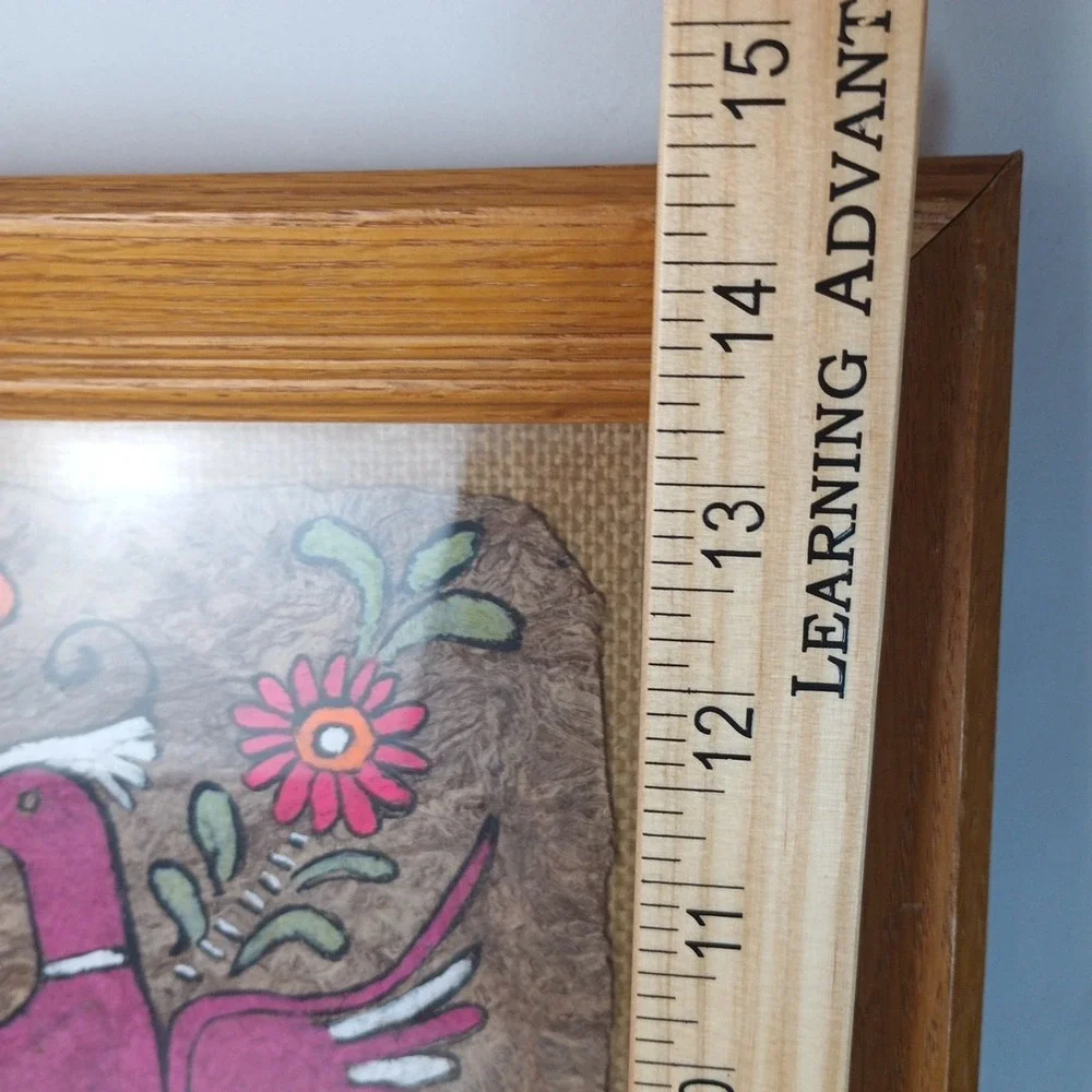 VTG Mexican Amate Bark Paper Folk Art Hand Painted Birds in Frame 18.5 x 14.5
